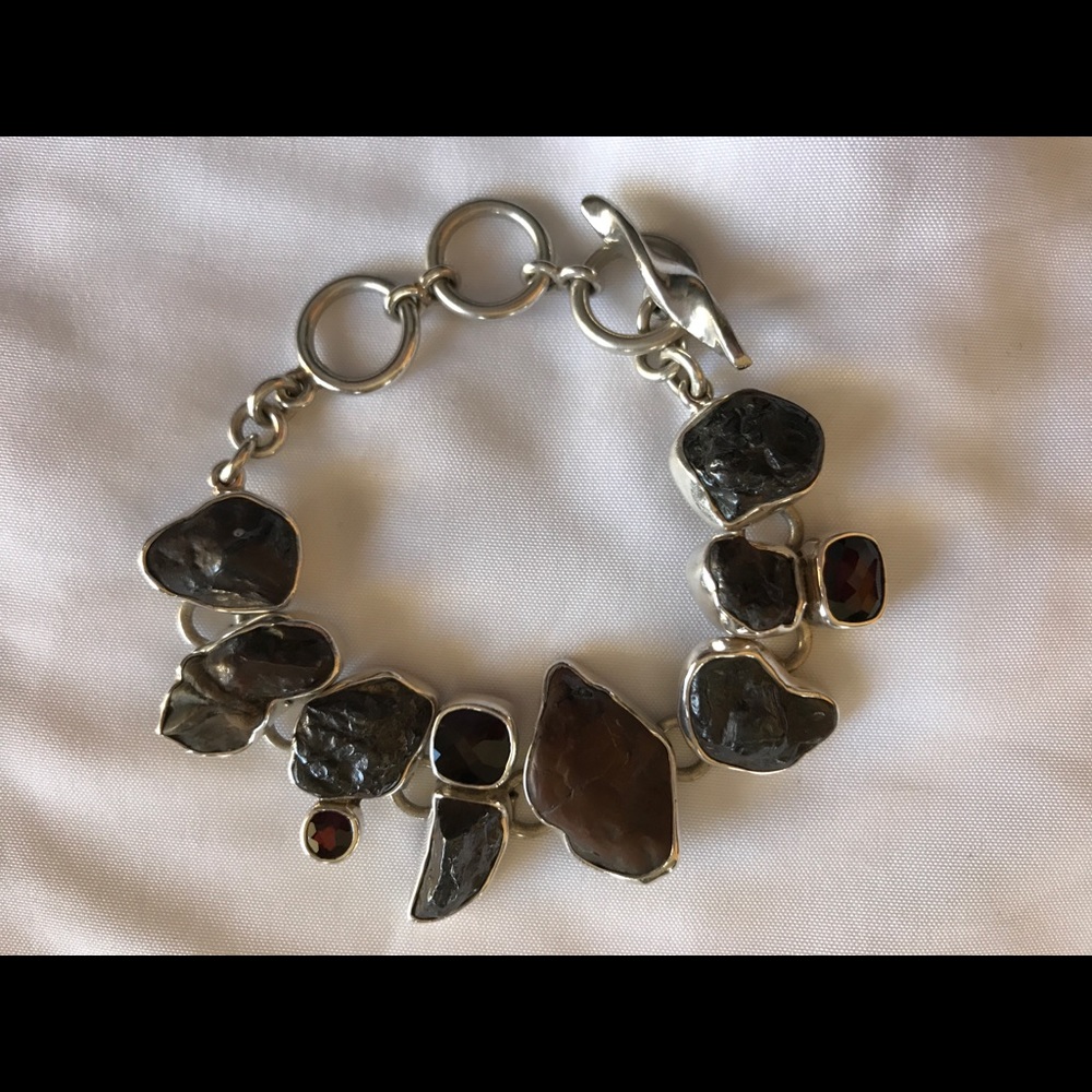 Unique Meteorite & Garnet Sterling Silver Bracelet